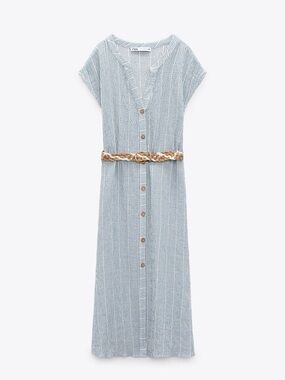 Light Blue Striped Button-Front Midi Dress with Braided Belt